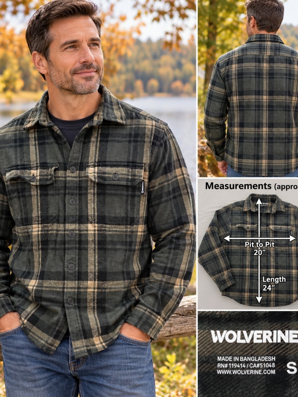 Wolverine Men’s Small Plaid Flannel Shirt Green Black Tan Long Sleeve Button Up